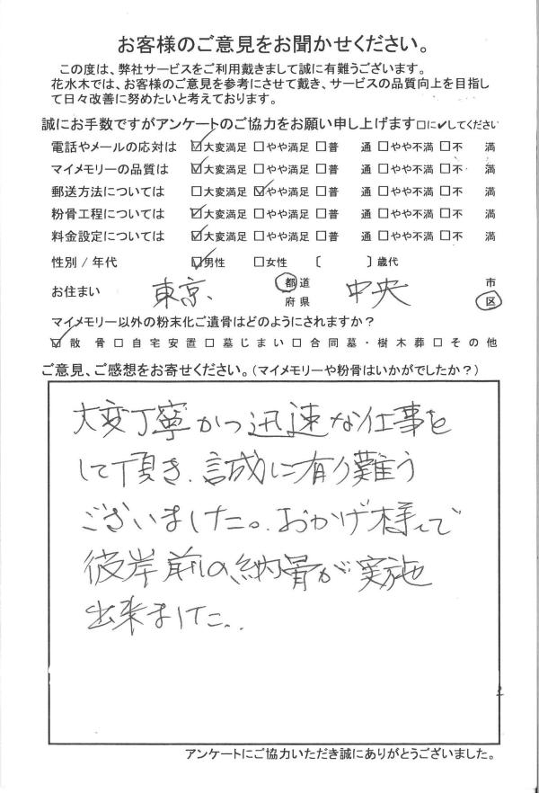 大変丁寧かつ迅速な仕事をして頂き誠に有り難うございました。