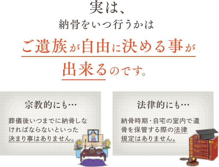 実は、納骨をいつ行うかはご遺族が自由に決める事が出来るのです。　宗教的にも…葬儀後いつまでに納骨しなければならないといった決まり事はありません。　法律的にも…納骨時期・自宅の室内で遺骨を保管する際の法律規定はありません。