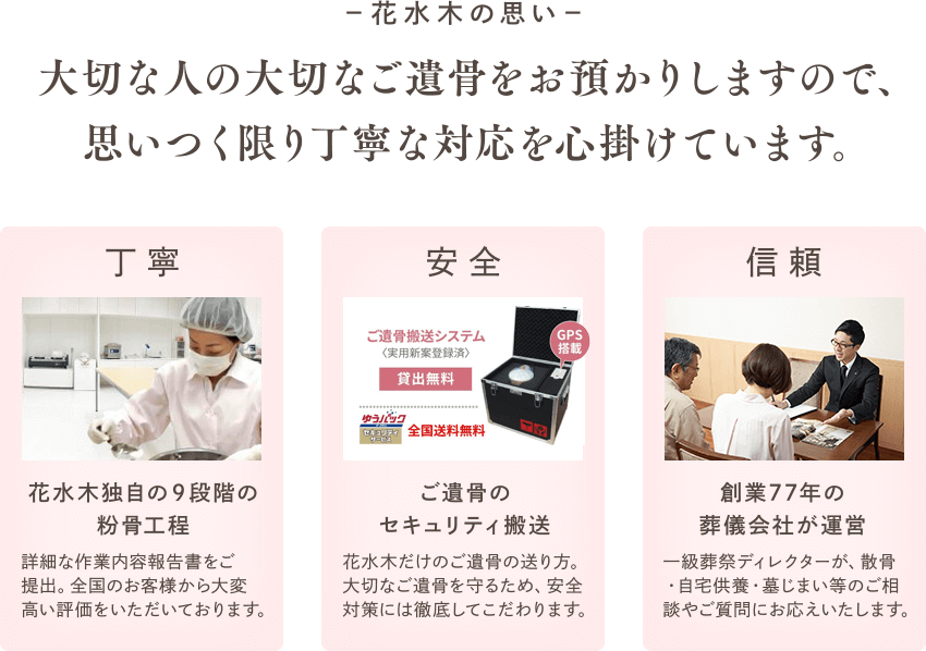 －花水木の思い－大切な人の大切なご遺骨をお預かりしますので、思いつく限り丁寧な対応を心掛けています。丁寧 花水木独自の９段階の粉骨工程 詳細な作業内容報告書をご提出。全国のお客様から大変高い評価をいただいております。安全 ご遺骨のセキュリティ搬送 花水木だけのご遺骨の送り方。大切なご遺骨を守るため、安全対策には徹底してこだわります。信頼 創業77年の葬儀会社が運営 一級葬祭ディレクターが、散骨・自宅供養・墓じまい等のご相談やご質問にお応えいたします。